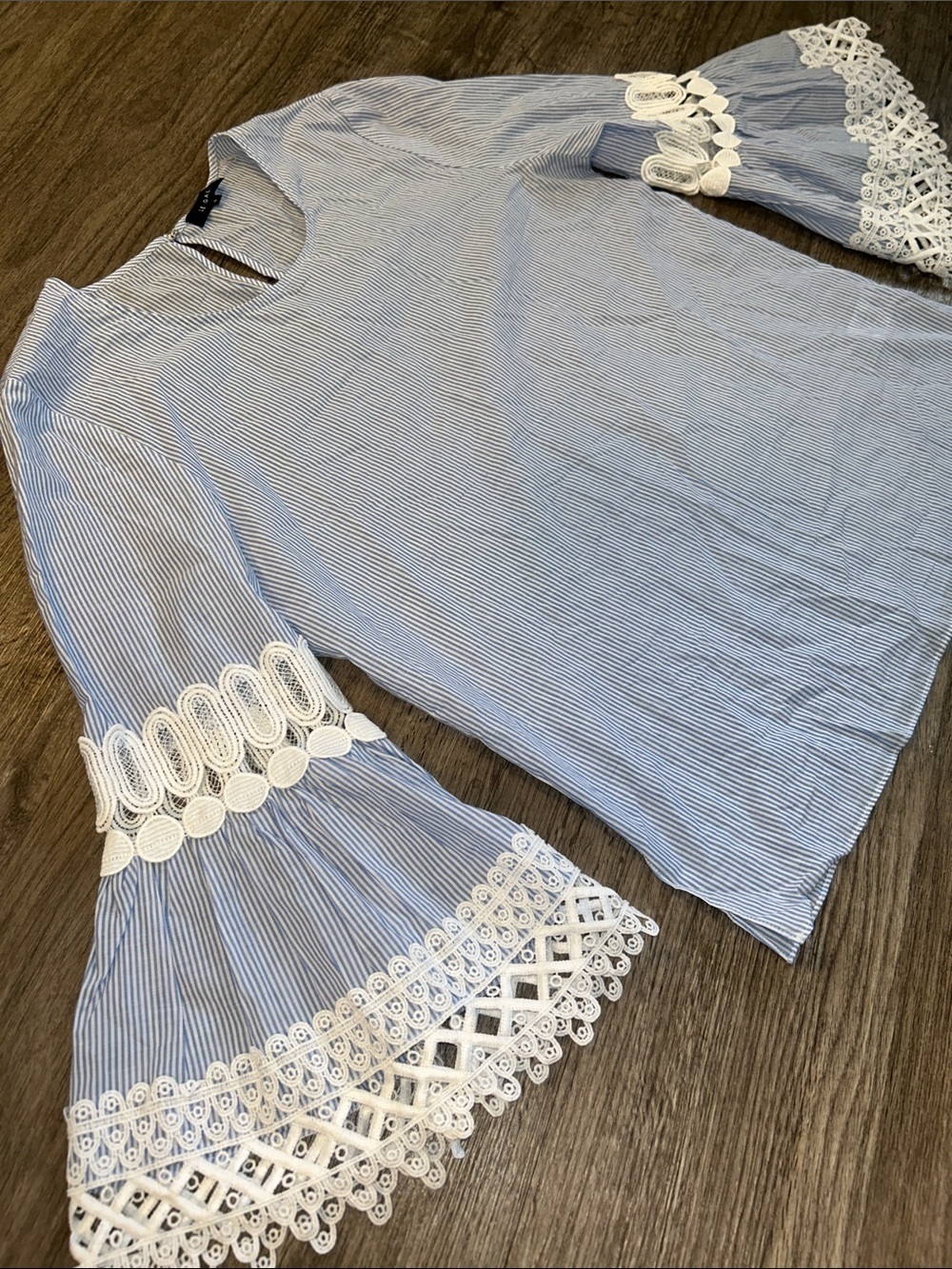 Le Gali Blue Stripe Lace Bell Sleeve Blouse Boho 100% Cotton Top Small